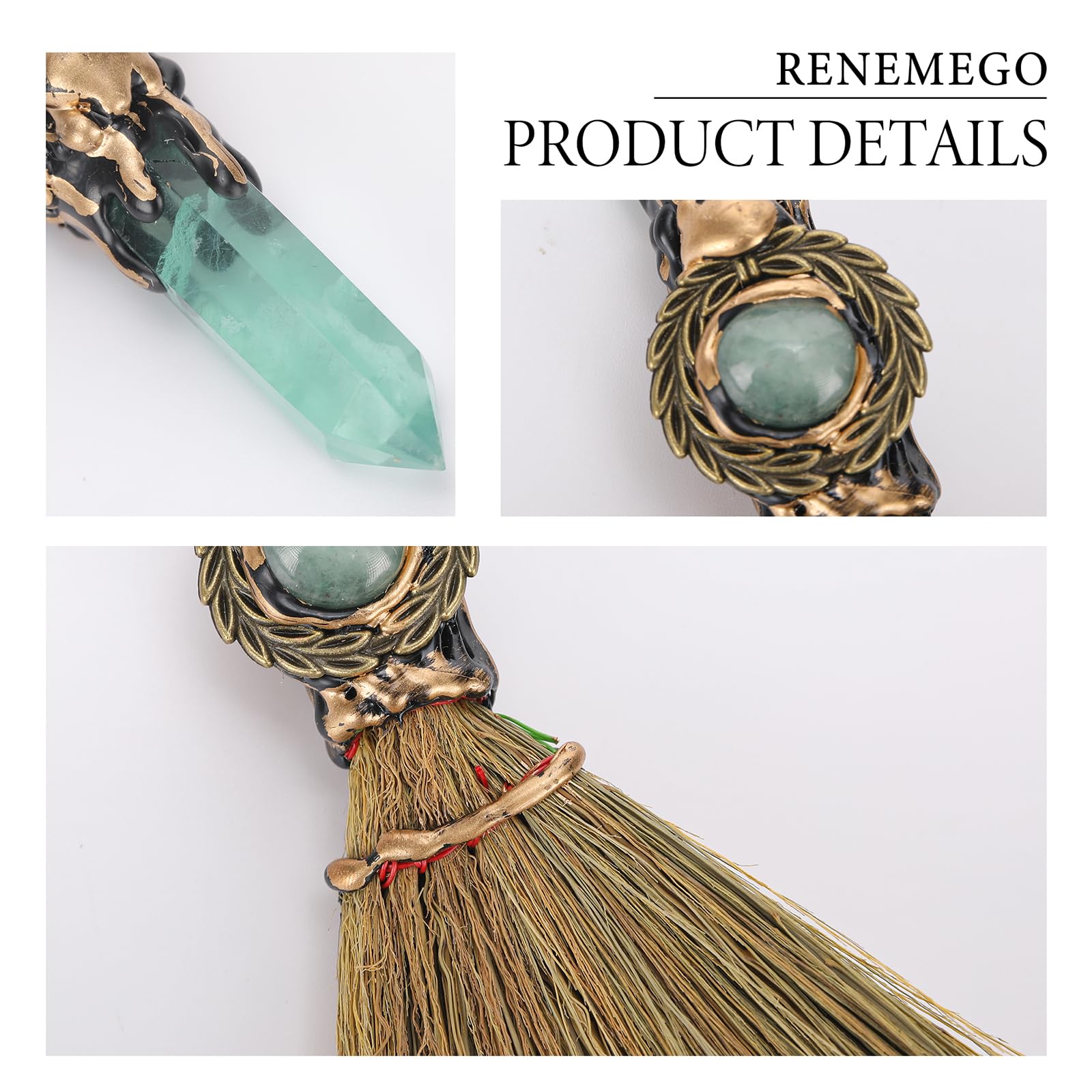 RENEMEGO Balai vert à quartz, idéal en rituel ou décor.