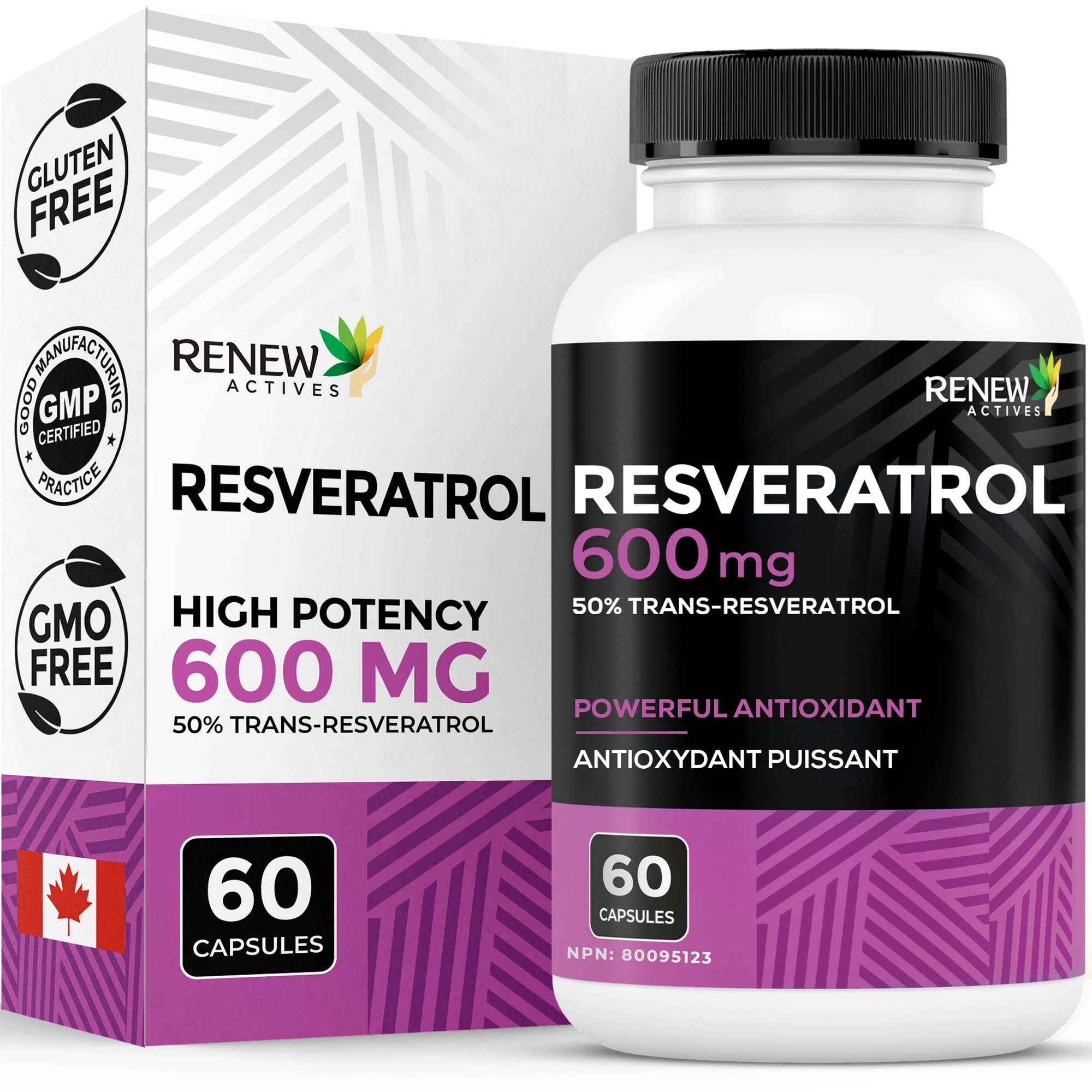 Renew Actives Resveratrol: bouteille et étiquette affichant 600 mg par portion, soutien potentiel à la vitalité.