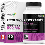 Renew Actives Resveratrol: bouteille et étiquette affichant 600 mg par portion, soutien potentiel à la vitalité.