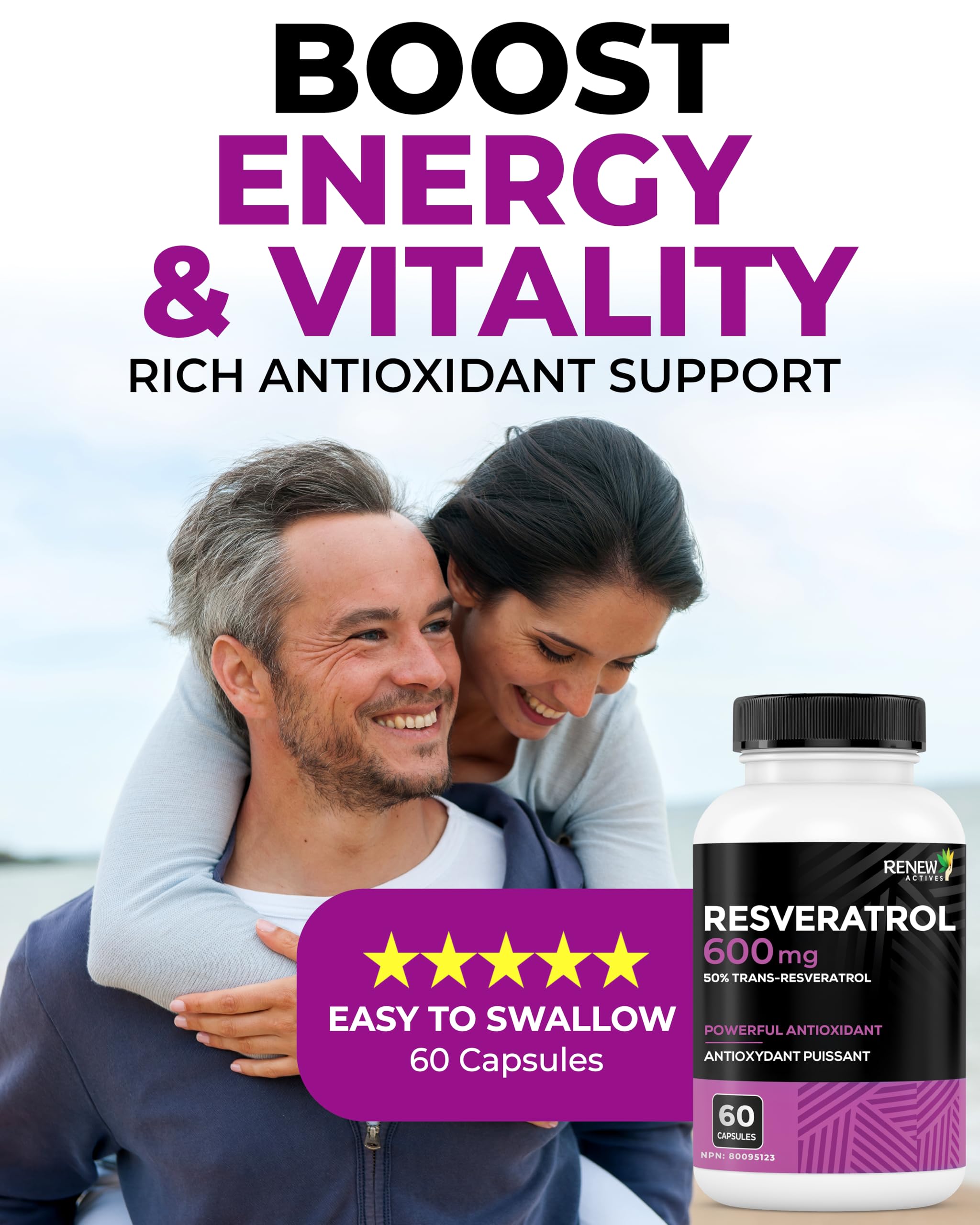 Capsules vegan Renew Actives Resveratrol prêtes à l'emploi, soutien potentiel à la vitalité quotidienne.