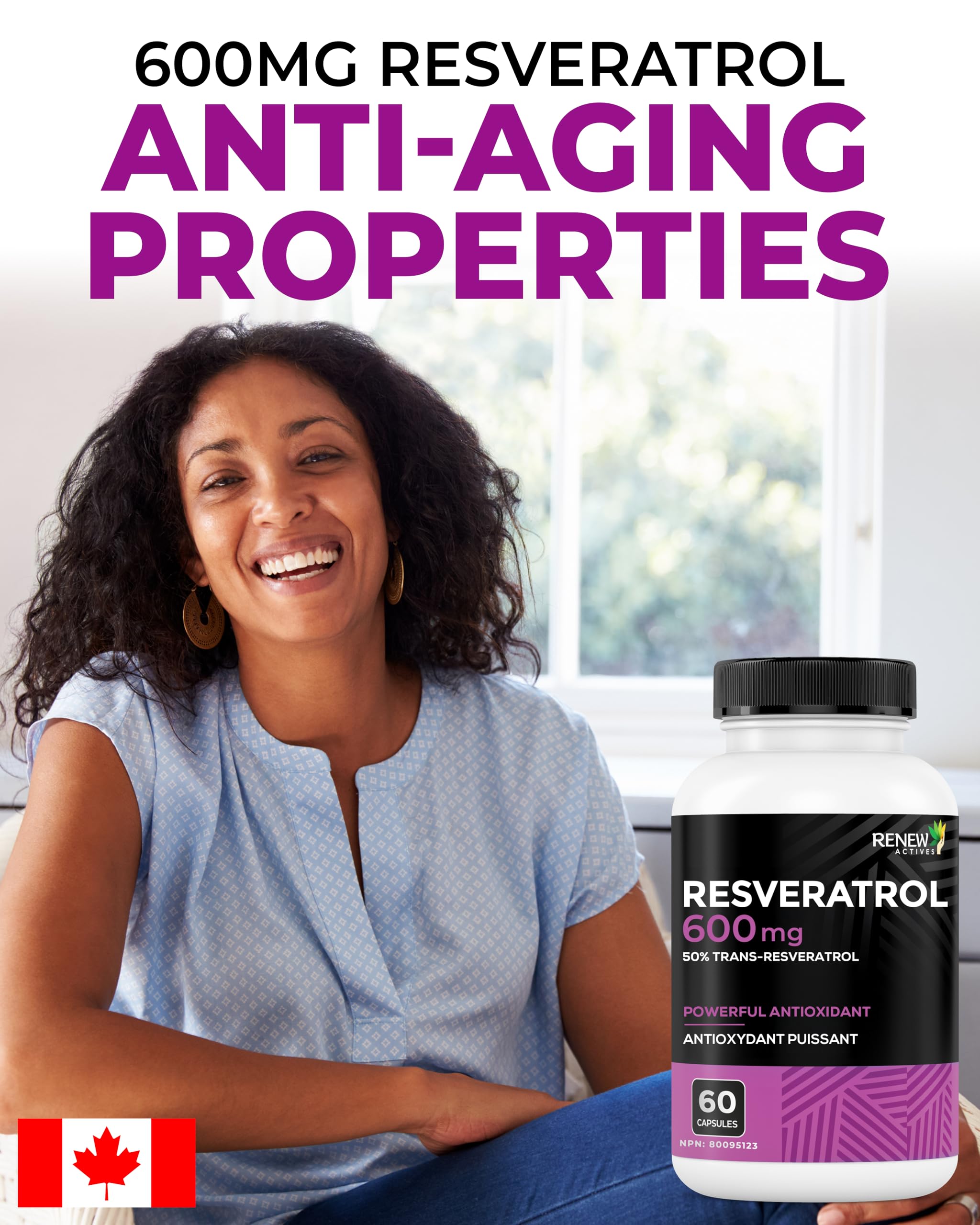 Étiquette Renew Actives Resveratrol indiquant 50% trans-resveratrol, formulation antioxydante potentielle.
