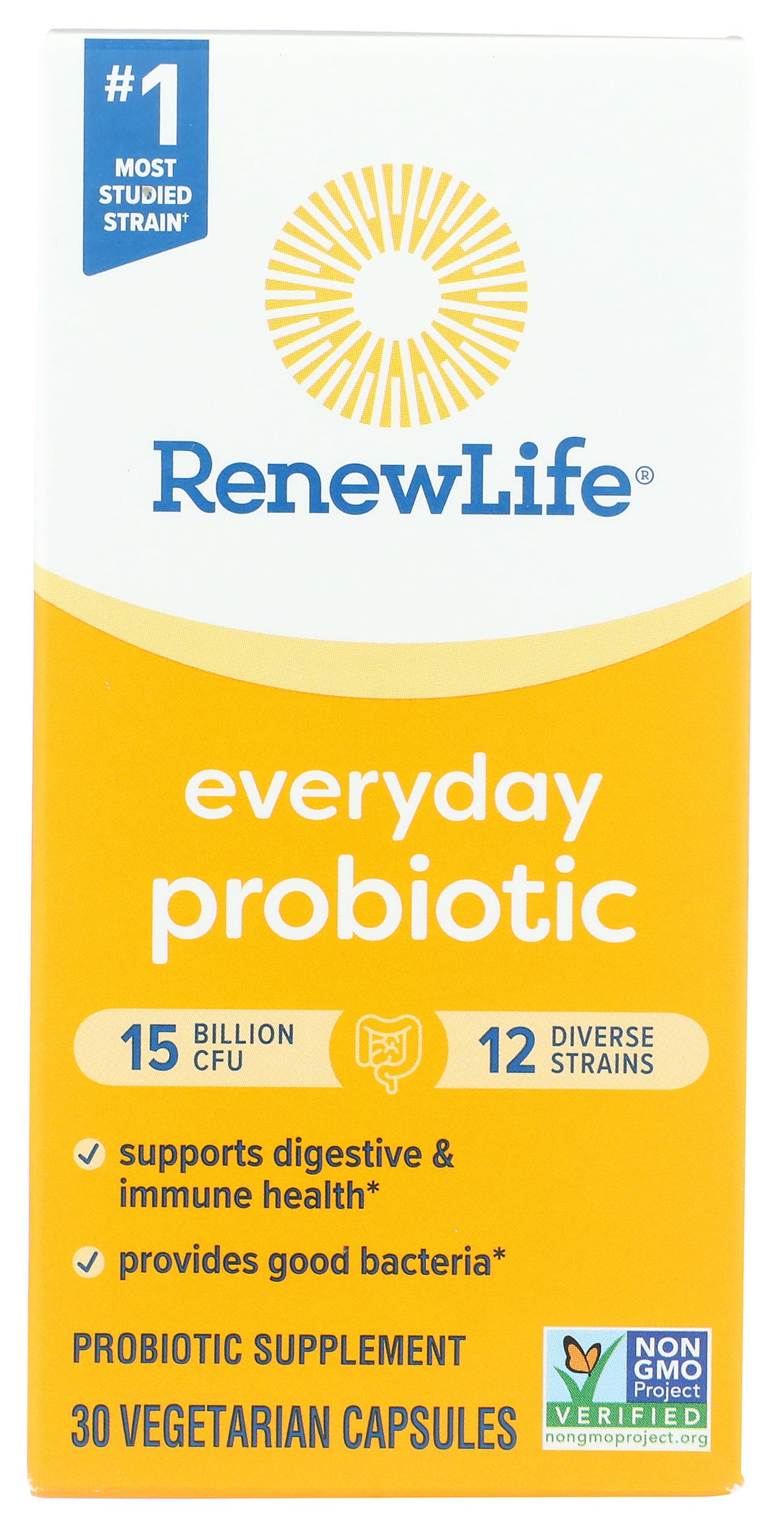 Renew Life Everyday Probiotic, bouteille frontale, soutien digestif potentiel au quotidien.