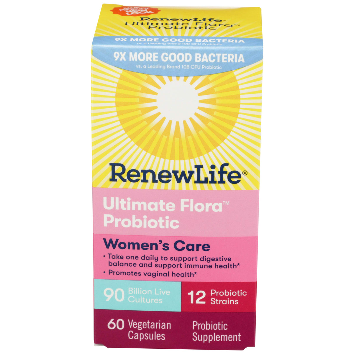 Renew Life : bouteille de probiotiques féminins affichant 90 milliards de cultures actives pour l'équilibre intime.
