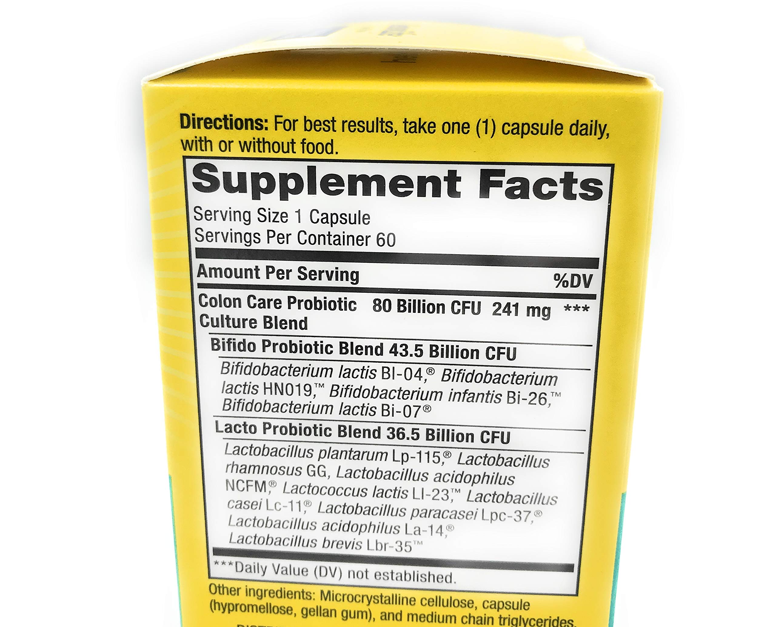 Étiquette Renew Life Colon Care: sans gluten, sans produits laitiers et sans soja.
