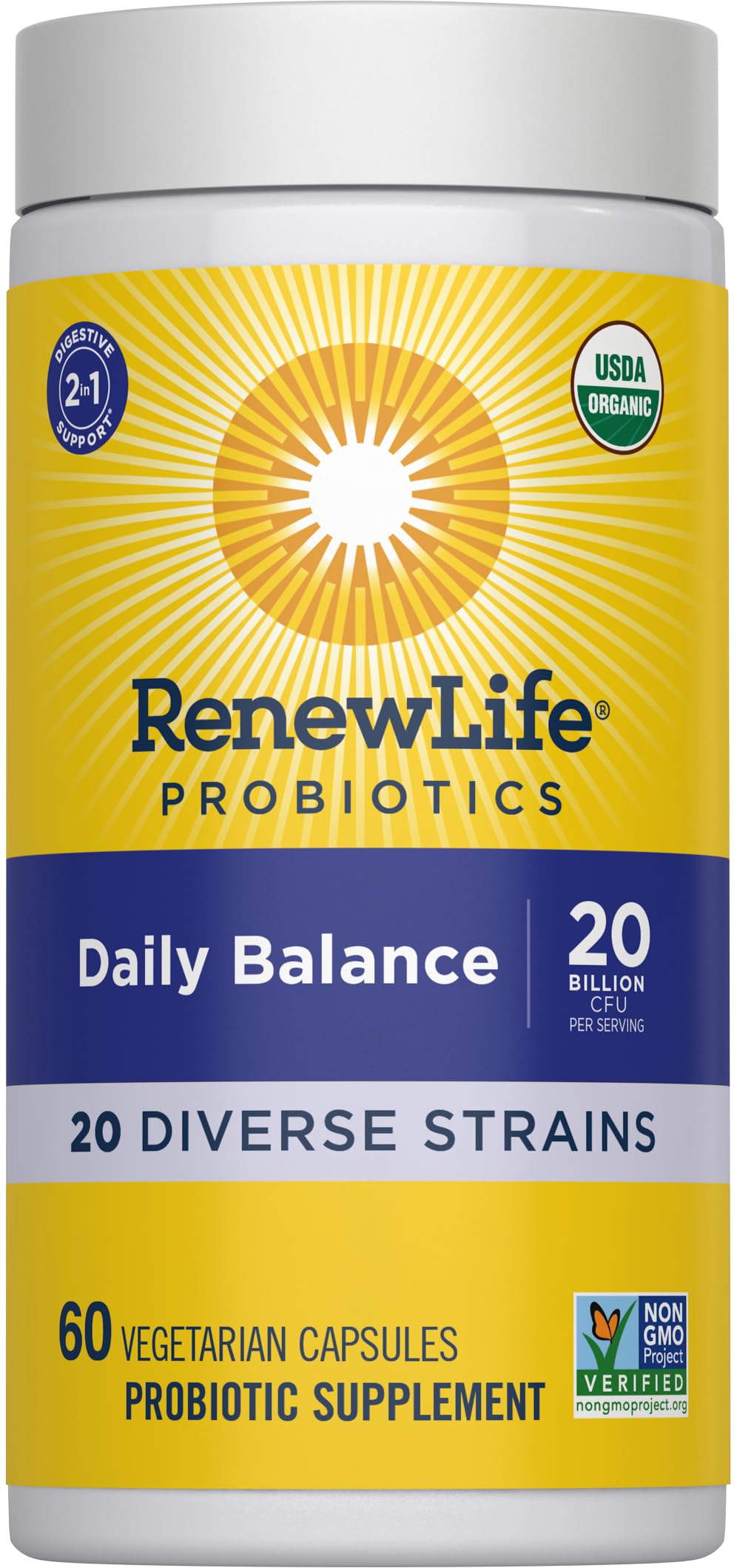 Renew Life Daily Balance Probiotic, emballage et dosage pratiques pour la routine
