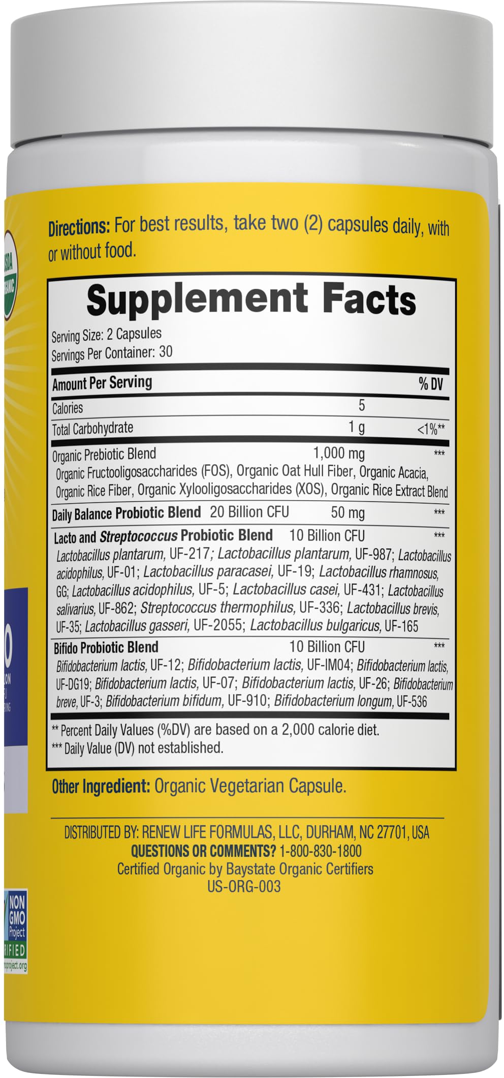Renew Life Daily Balance Probiotic, étiquette claire avec informations d'utilisation