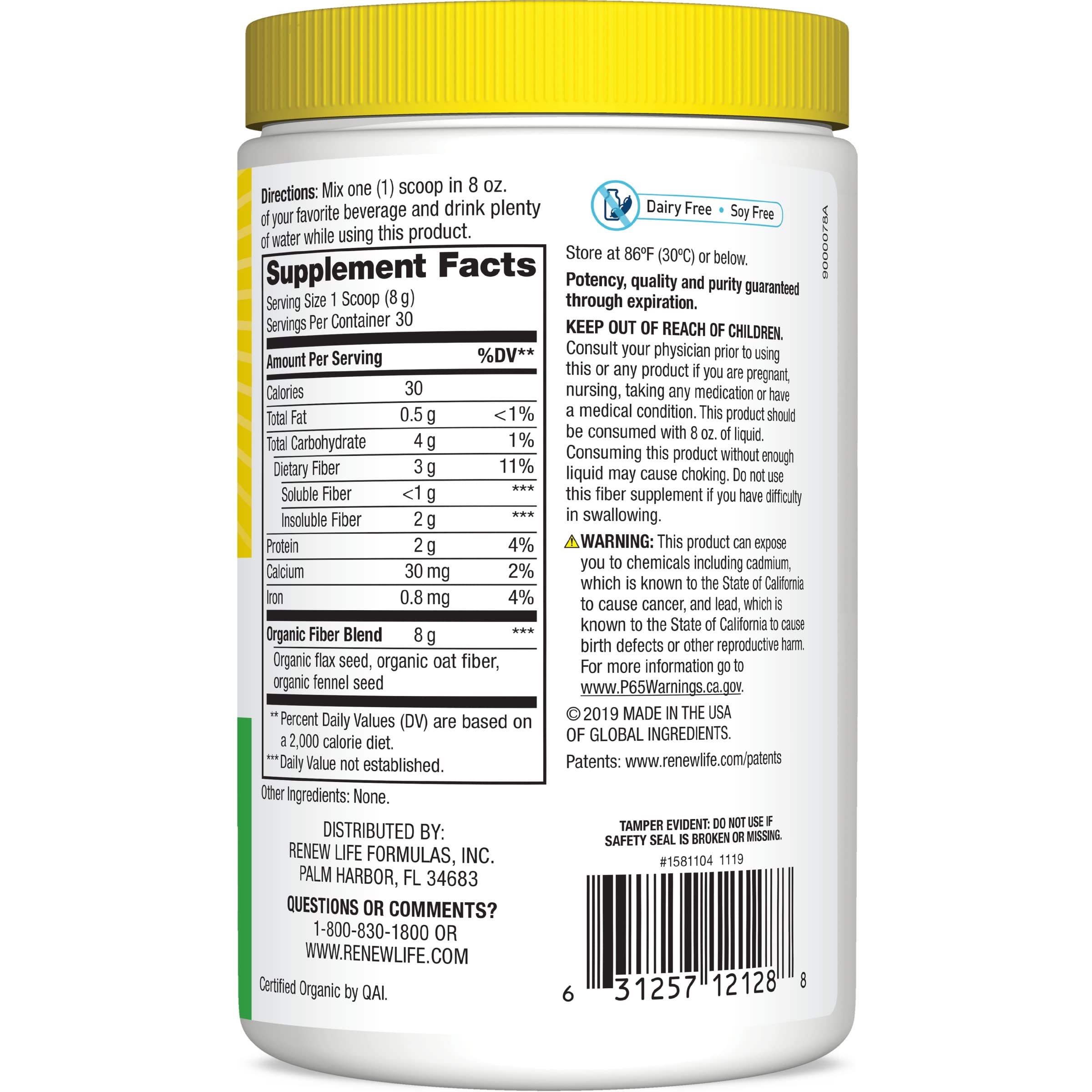 Renew Life étiquette bio sans lait et sans soja – Formule biologique et sans allergènes.