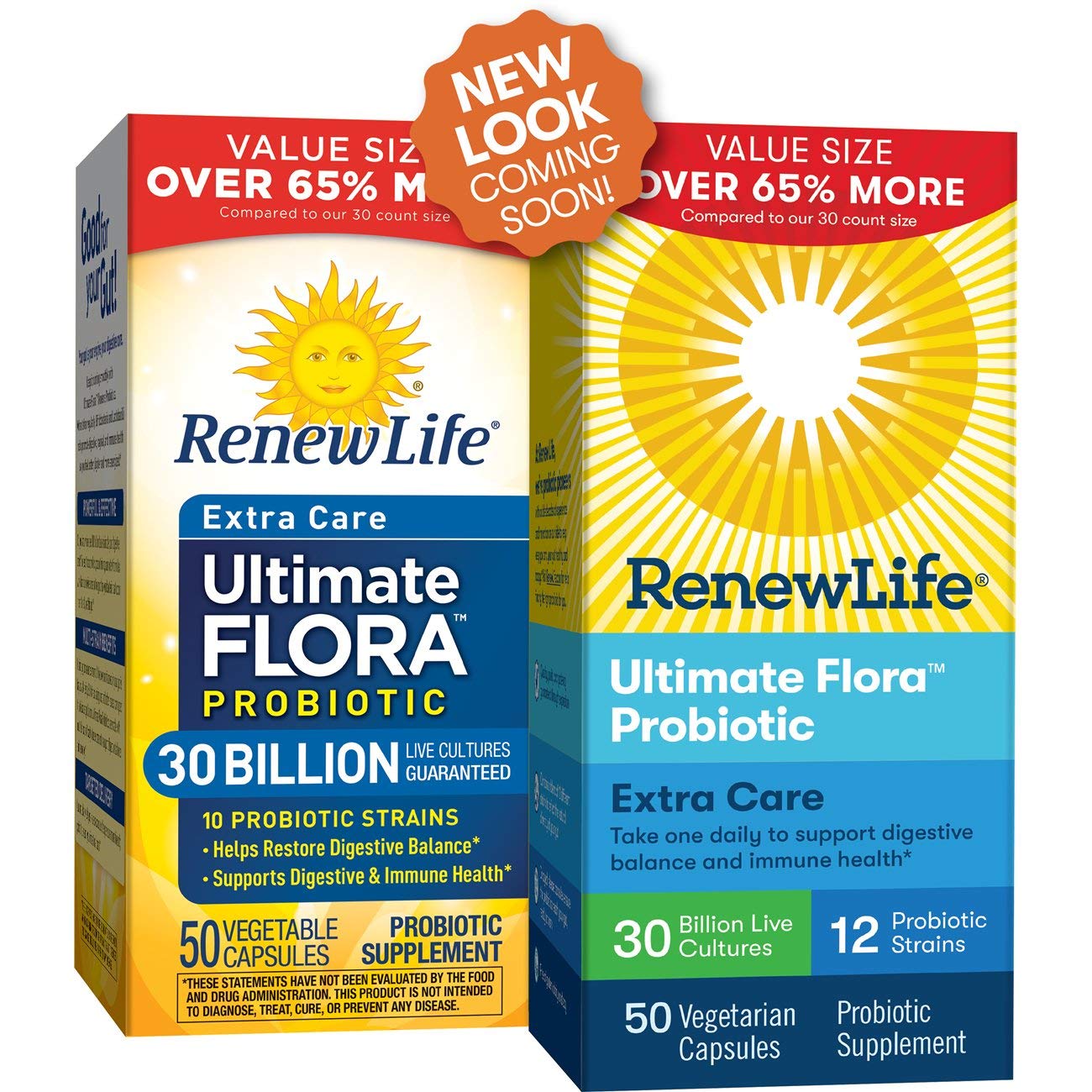 Renew Life Extra Care: capsules végétariennes visibles pour le confort intestinal.