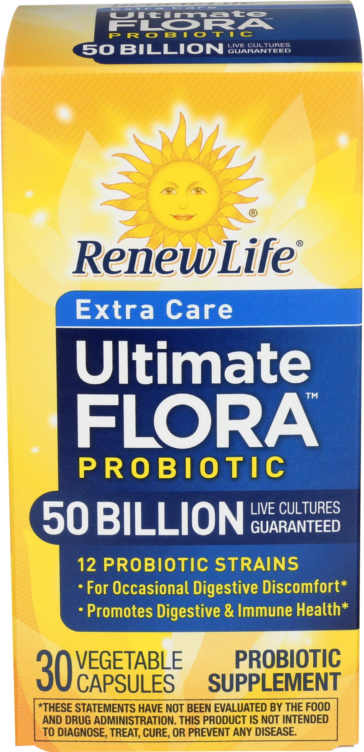 Renew Life Extra Care Probiotiques: bouteille montrant le packaging, soutien potentiel à la digestion.