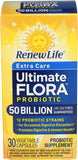 Renew Life Extra Care Probiotiques: bouteille montrant le packaging, soutien potentiel à la digestion.
