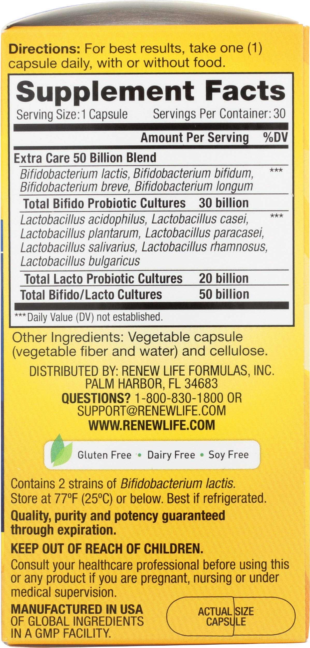 Renew Life Extra Care Probiotiques: sans lactose, sans gluten et sans soja pour votre régime.