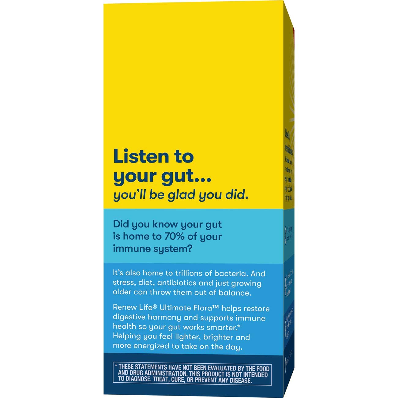 Renew Life Extra Care: emballage sans OGM pour une formulation transparente.