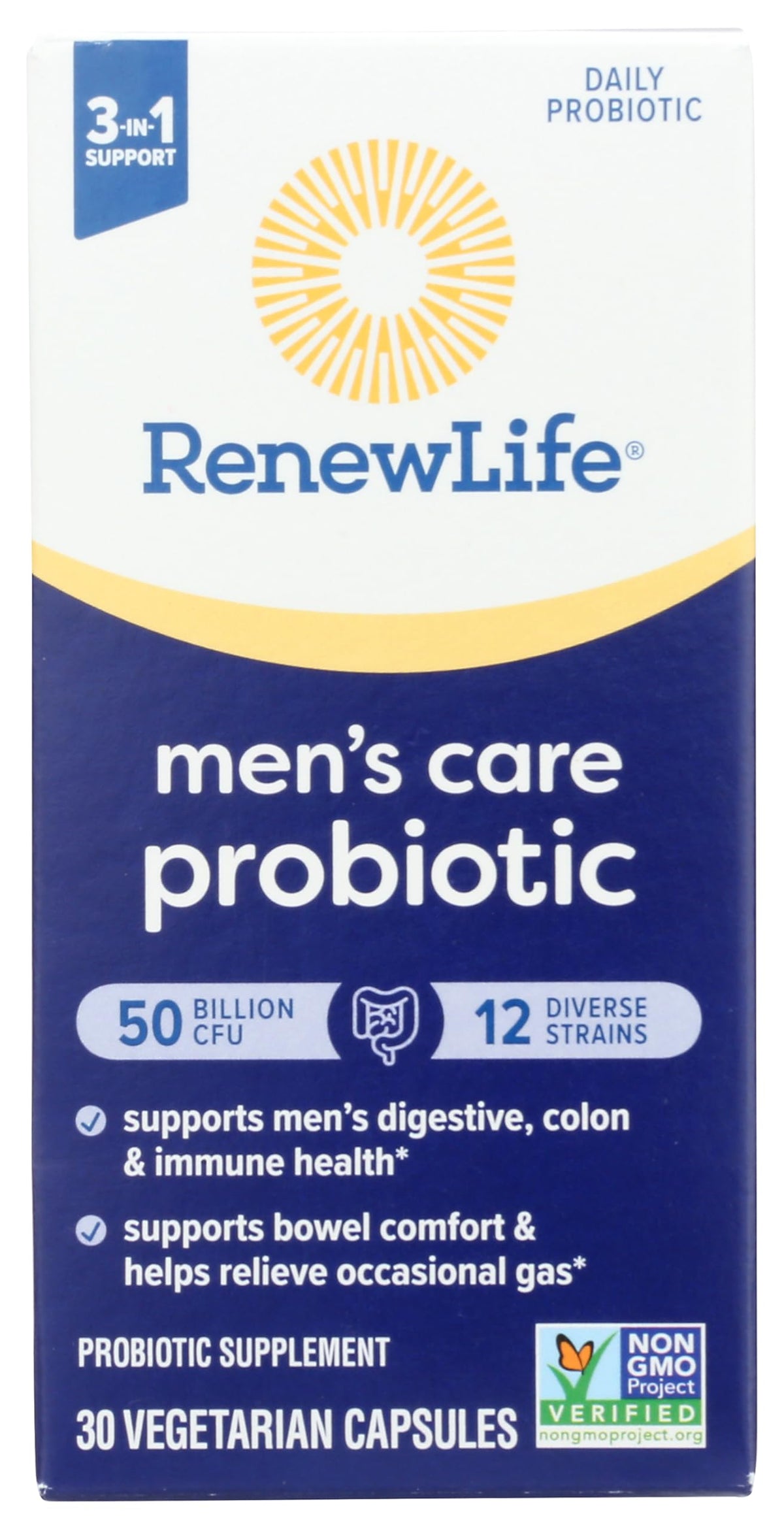 Renew Life Probiotique Homme 50B - bouteille prête à l'usage pour une routine délicate.