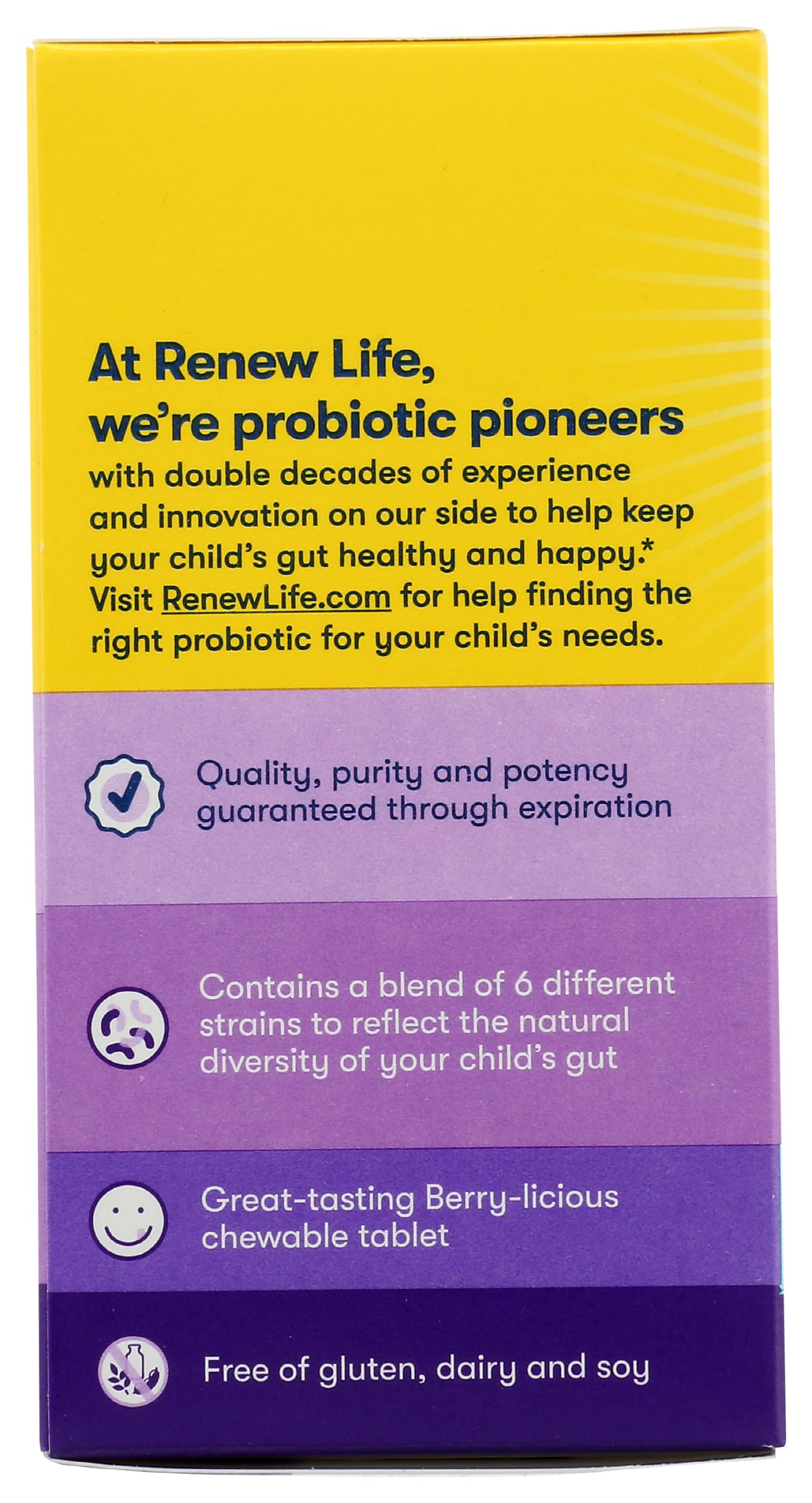 Produit sans gluten, sans lactose et sans soja Renew Life Kids Probiotic.