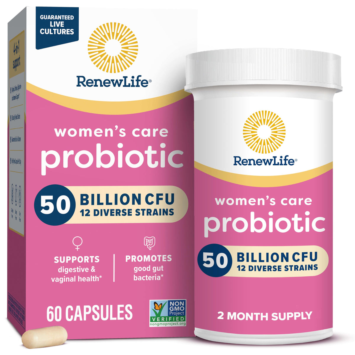 Renew Life: bouteille de probiotiques femmes favorisant l'équilibre digestif.