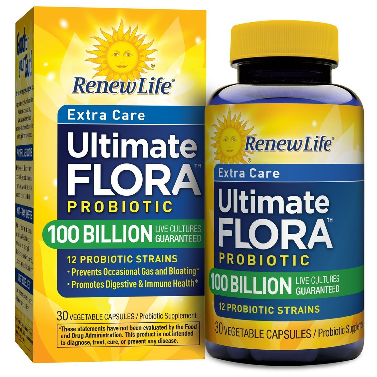 Renew Life Ultimate Care Probiotiques – Bouteille de 100 milliards CFU, soutien potentiel au microbiome et immunité.