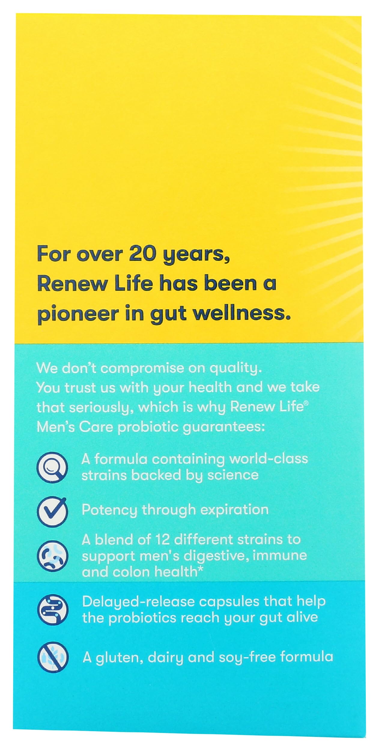 Renew Life Ultimate Flora Probiotiques pour Hommes – étiquette lisible avec les conseils d'utilisation.
