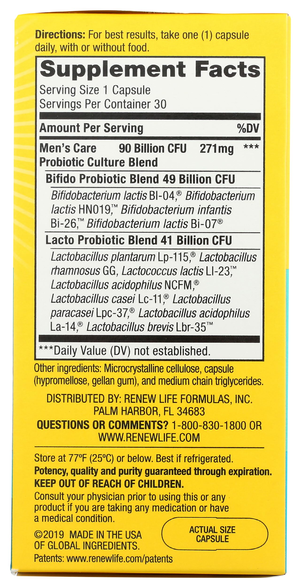 Renew Life Ultimate Flora Probiotiques pour Hommes – capsule en gros plan, texture lisse.