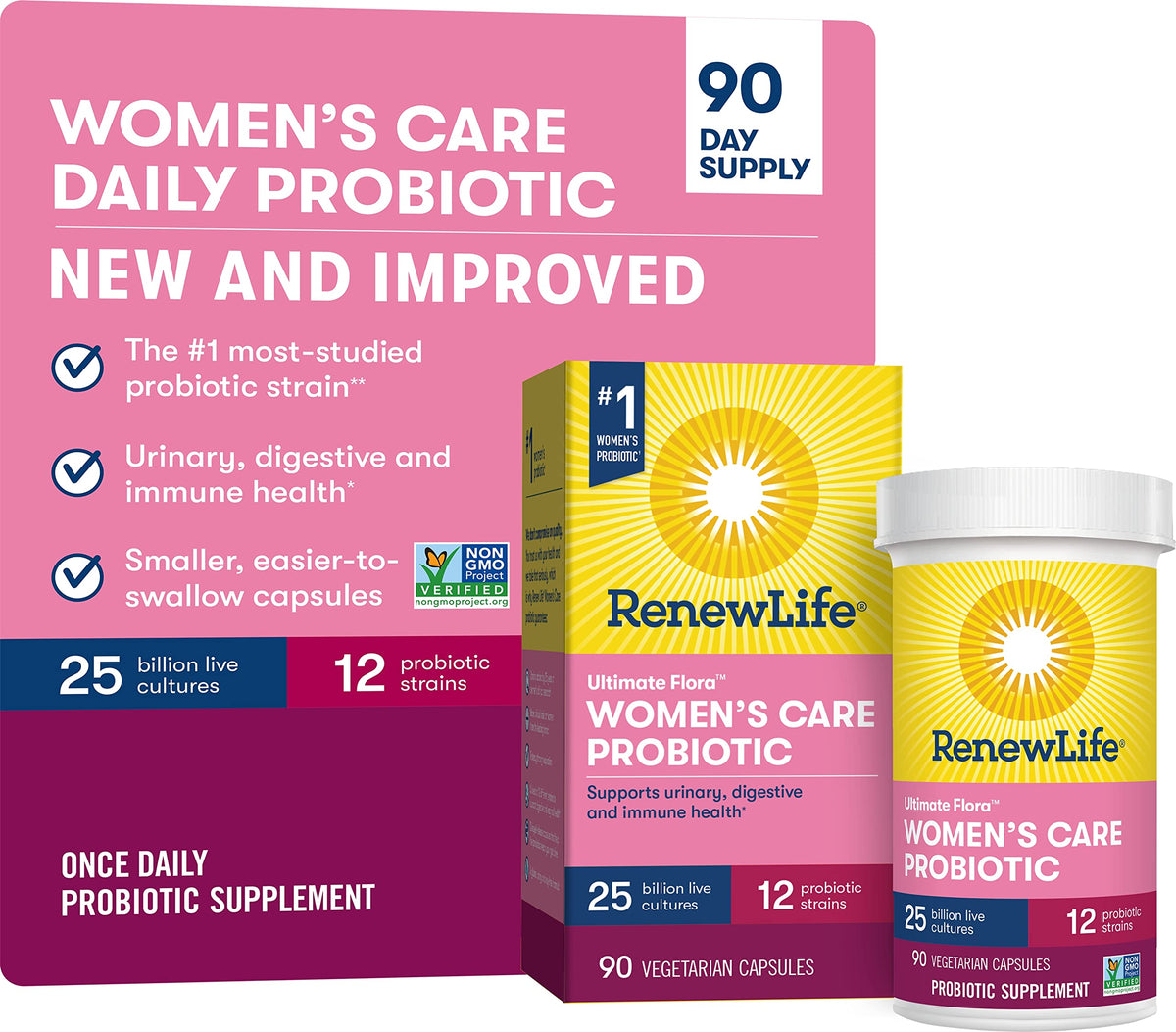 Renew Life Ultimate Flora Soin Femmes – bouteille affichant 25 milliards de cultures probiotiques.