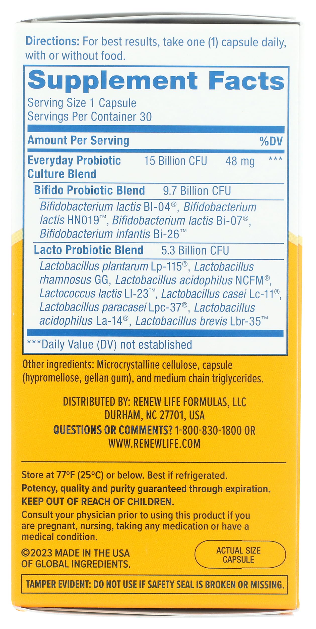 Renew Life Everyday Probiotic, utilisation quotidienne suggérée et capsules faciles.