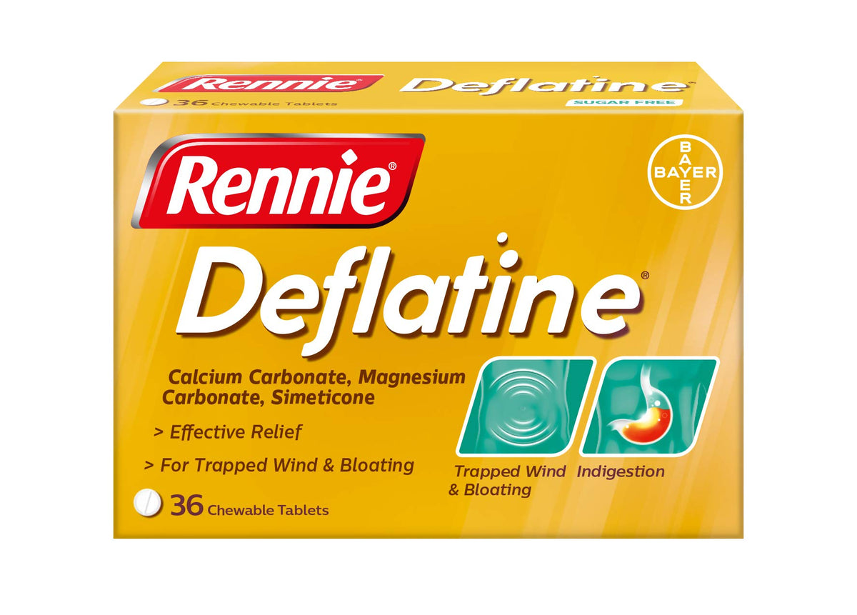 Rennie Deflatine : boîte et tablettes menthe sans sucre, idéal pour soulager rapidement les ballonnements.