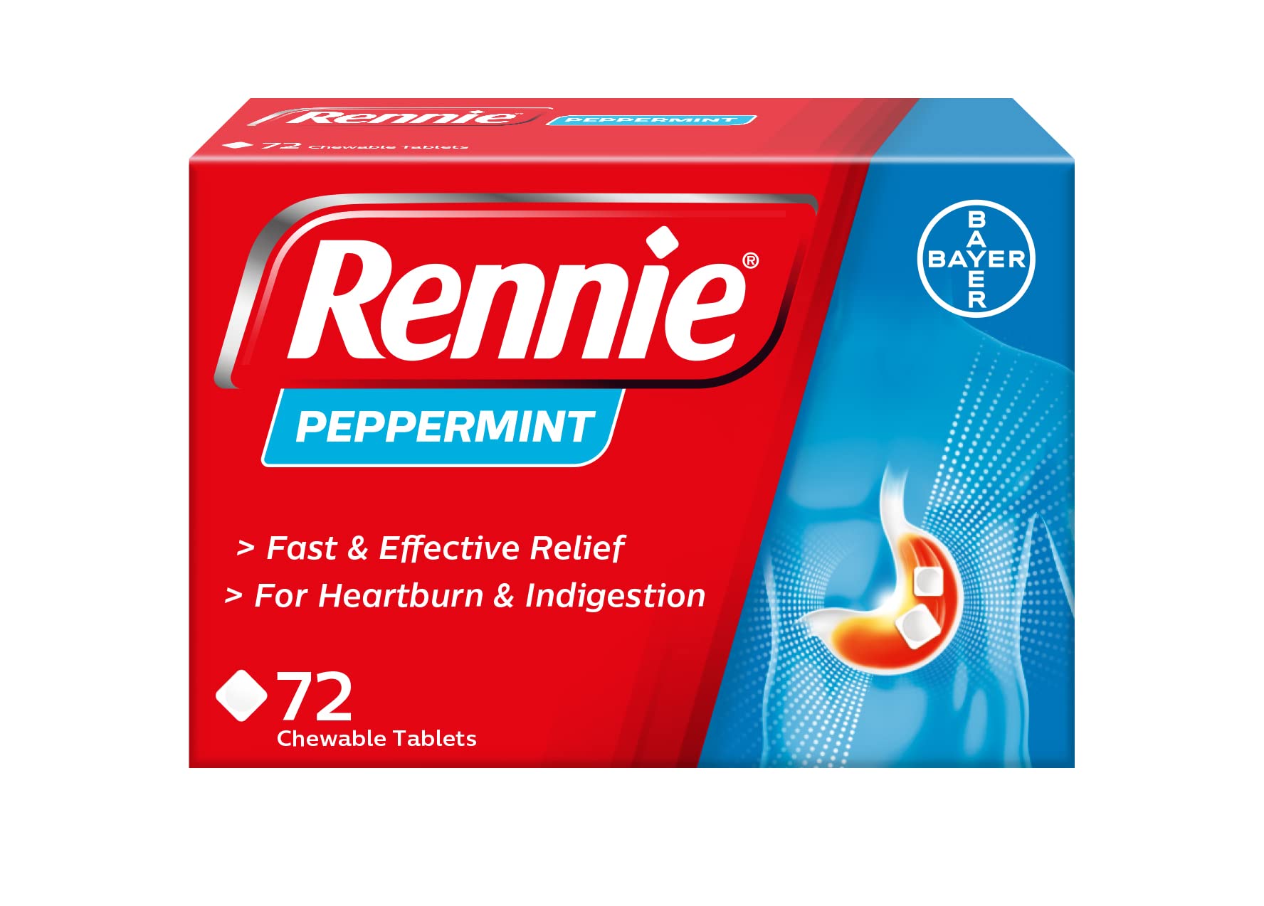 Boîte Rennie Menthe avec 72 tablettes à mâcher prête à l'emploi.