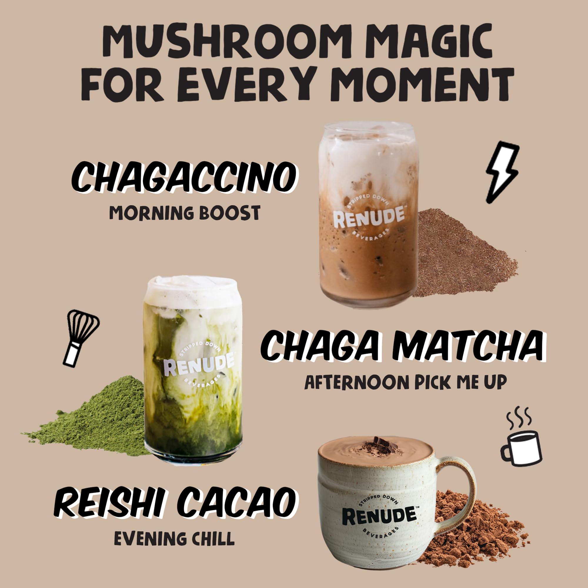 Renude Chaga Matcha, mélange zen à savourer dans une tasse.