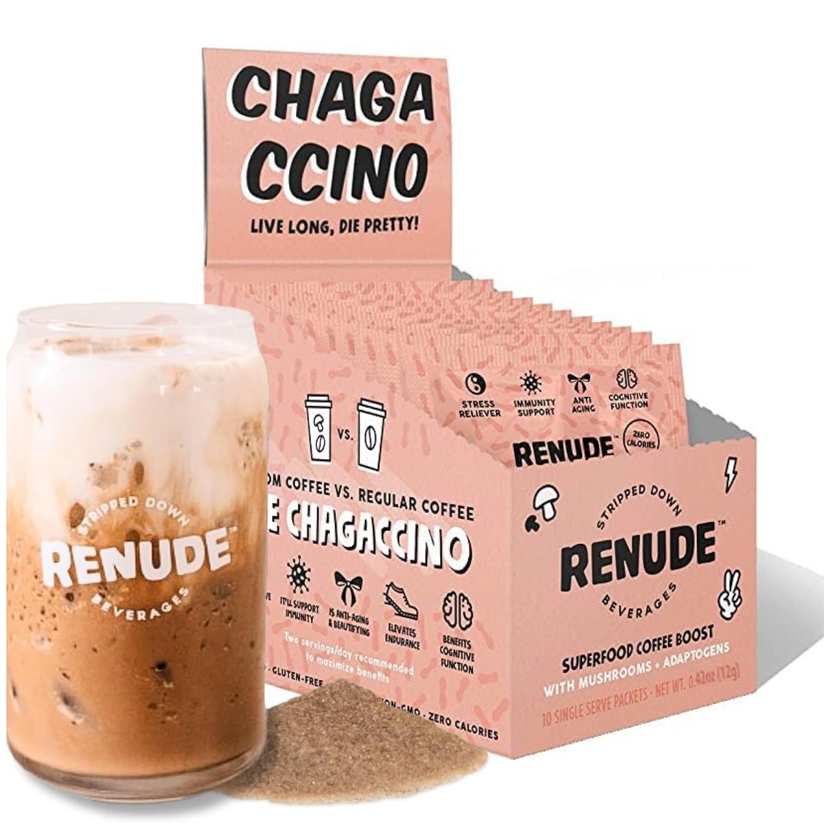 Renude Chagaccino—poudre chaga brute, antioxydants puissants pour une énergie naturelle.