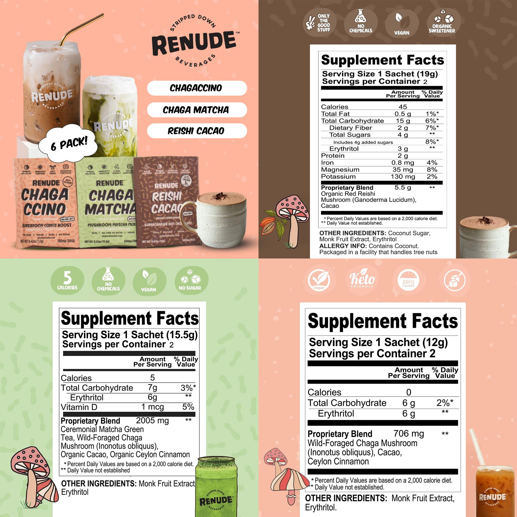 Renude Pack 6 pièces: variété Chagaccino, Chaga Matcha et Reishi Cacao à tester.