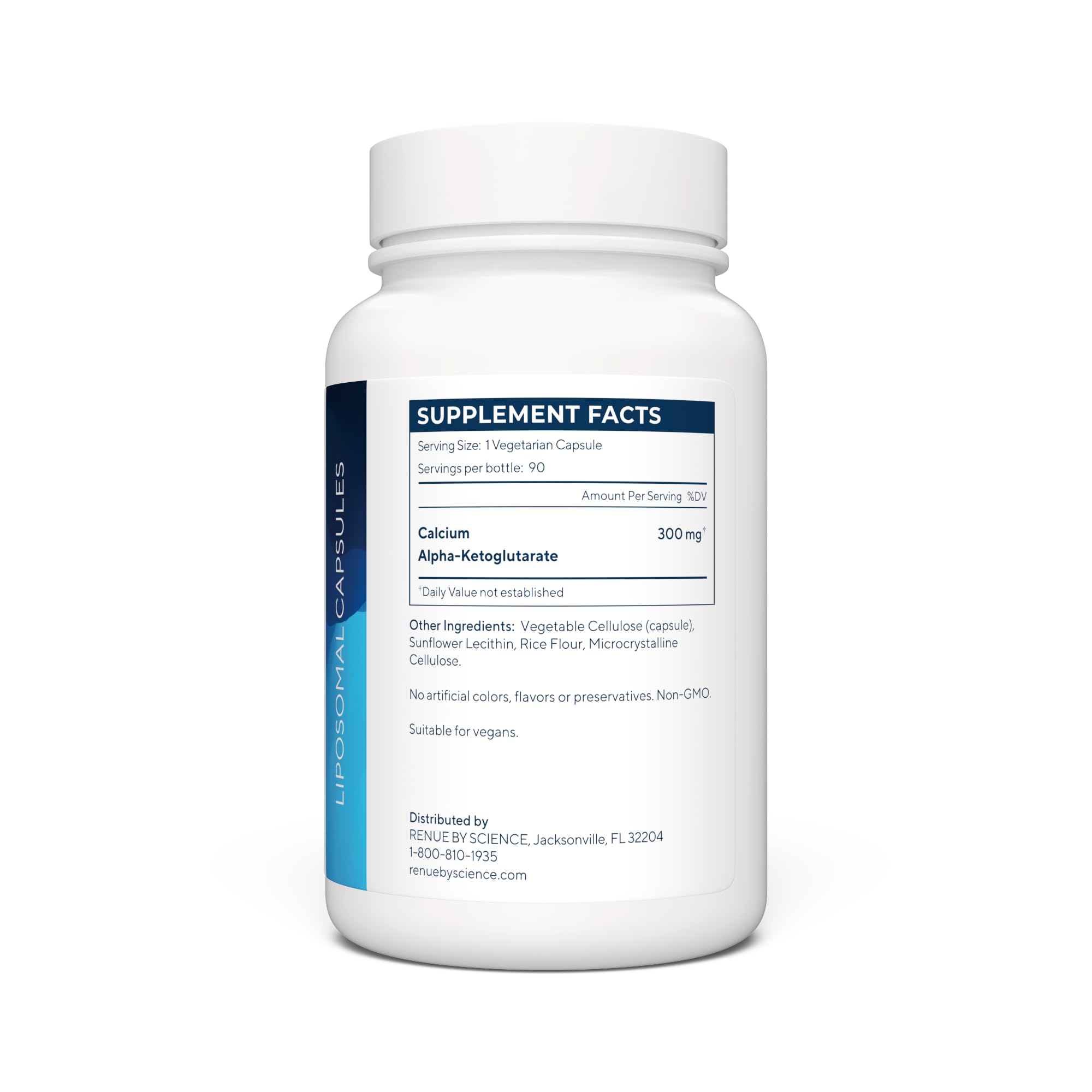 Renue By Science capsule Ca-AKG en gros plan, absorption liposomale améliorée.