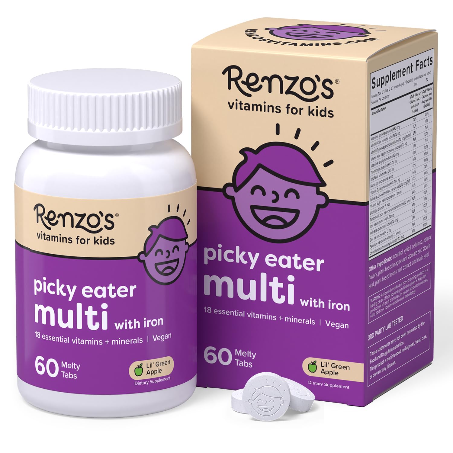 Renzo's bouteille de comprimés fondants pour enfants, prise facile.