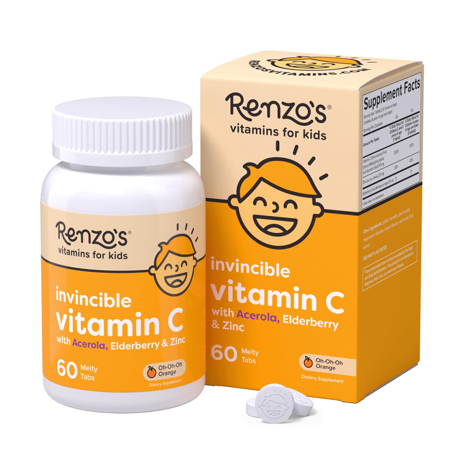 Pastilles fondantes Renzo's vitamine C pour enfant, saveur orange, faciles à prendre.