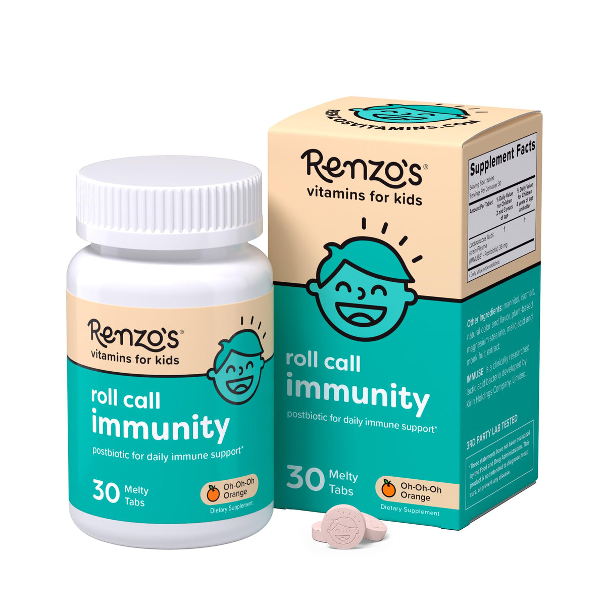 Renzo's Roll Call Immunity, pastille orange — goût fruité et pratique pour l'enfant