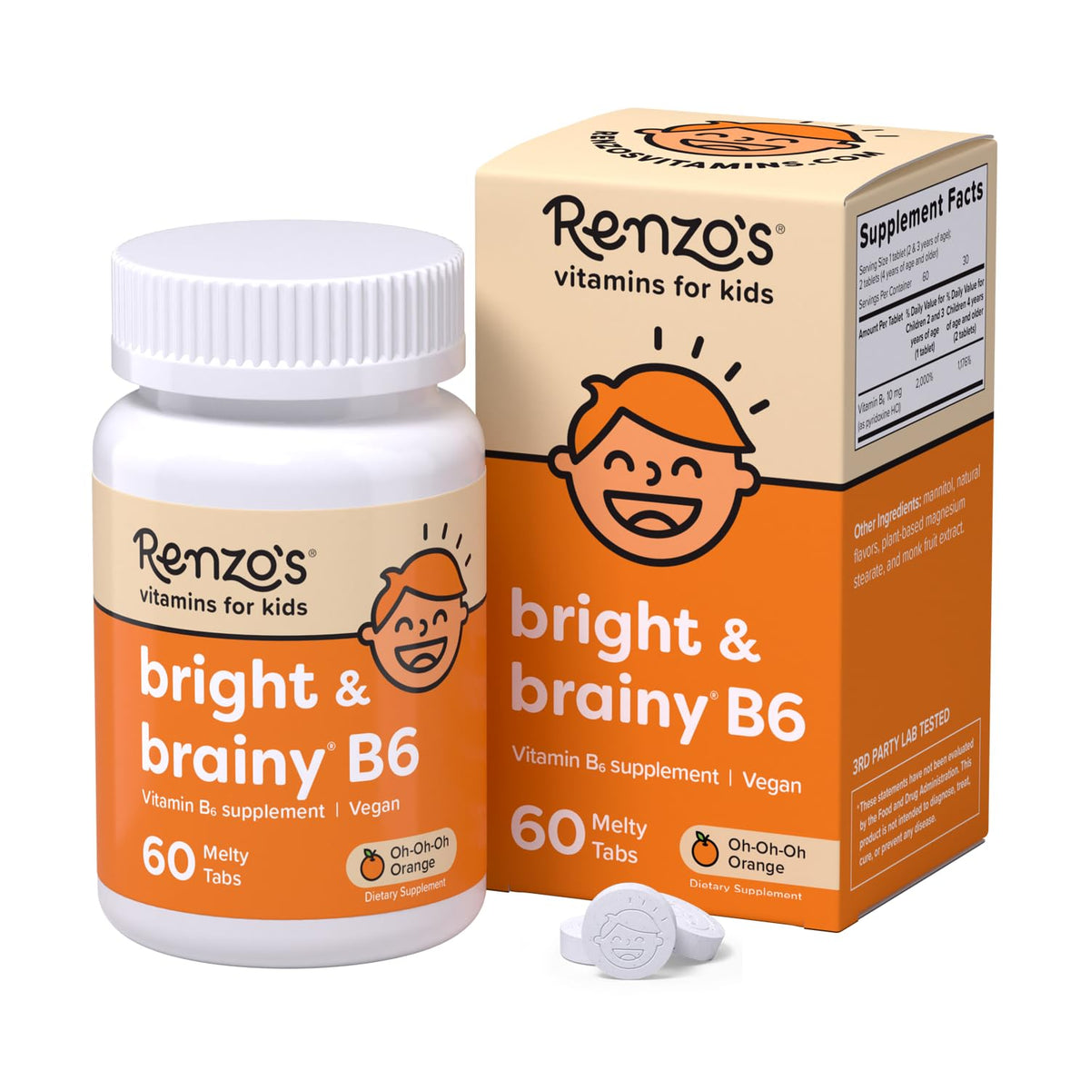Vitamines B6 fondantes Renzo's pour enfant, goût orange, facilité d’usage.