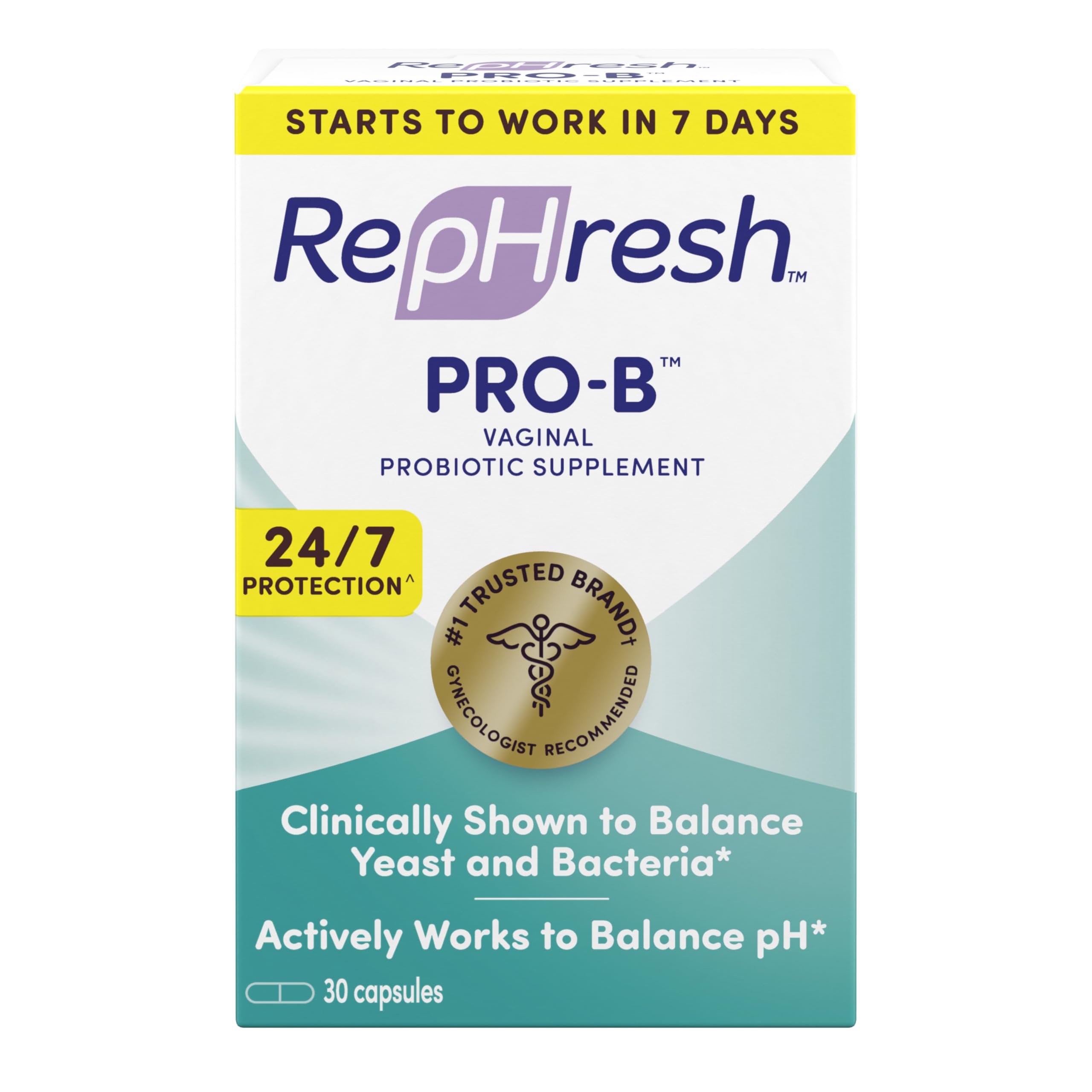 Rephresh Pro-B, bouteille et capsules, peut soutenir l'équilibre naturel de la flore intime.