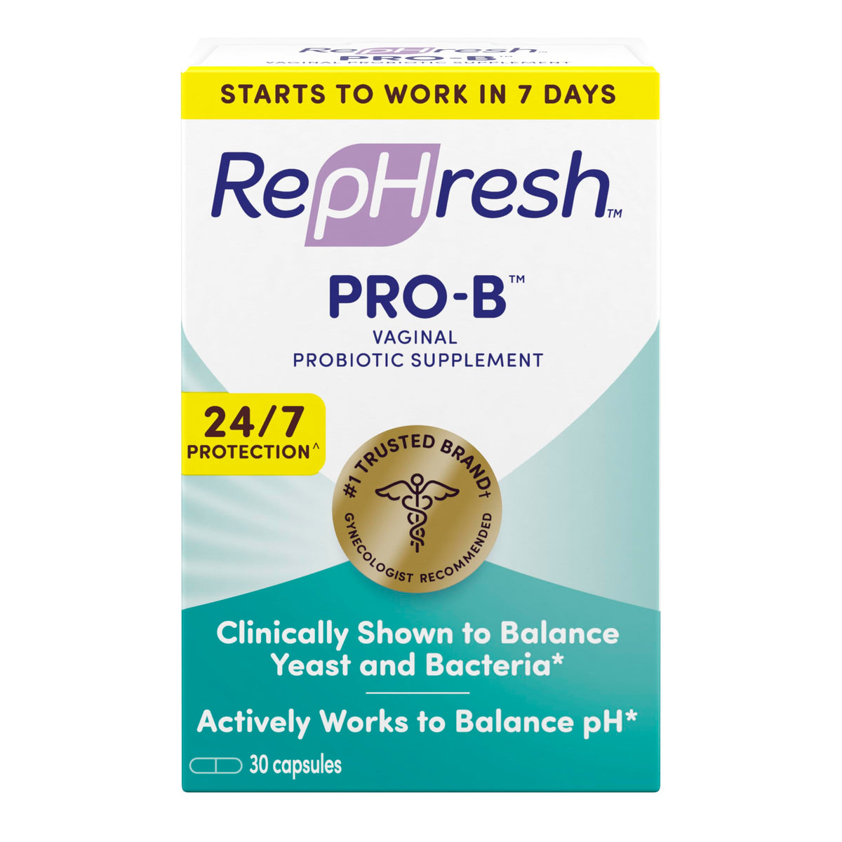 Rephresh Pro-B, bouteille et capsules, peut soutenir l'équilibre naturel de la flore intime.