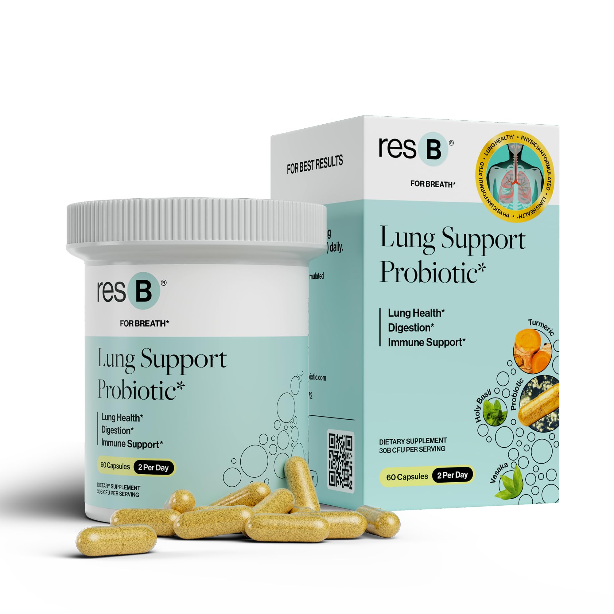 Gélules ResBiotic resB pour le soutien pulmonaire et la digestion.