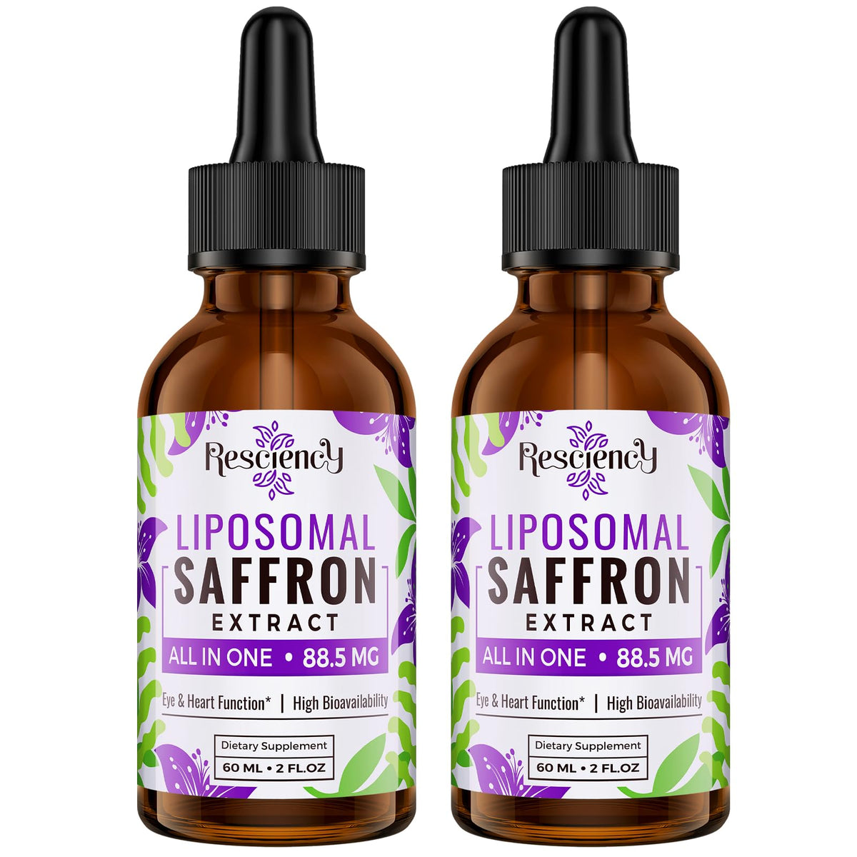 Resciency Safran Liposomal – bouteille et étiquette pour une absorption améliorée dans votre routine.