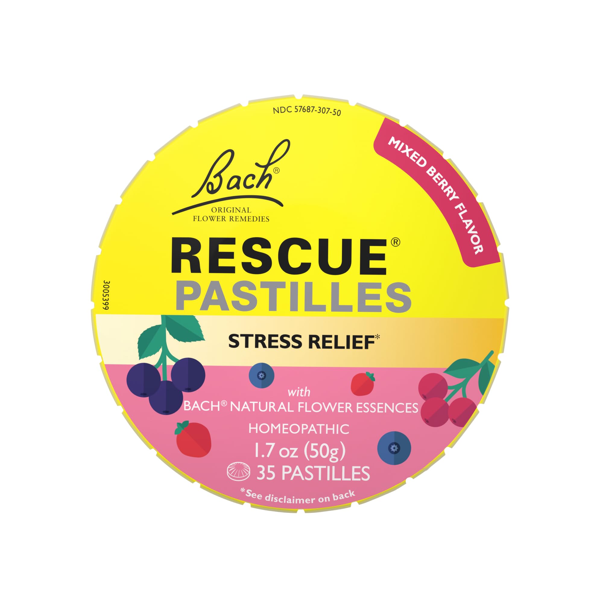 Pastilles RESCUE BACH, ingrédients naturels et stévia, usage doux et sans sucre.
