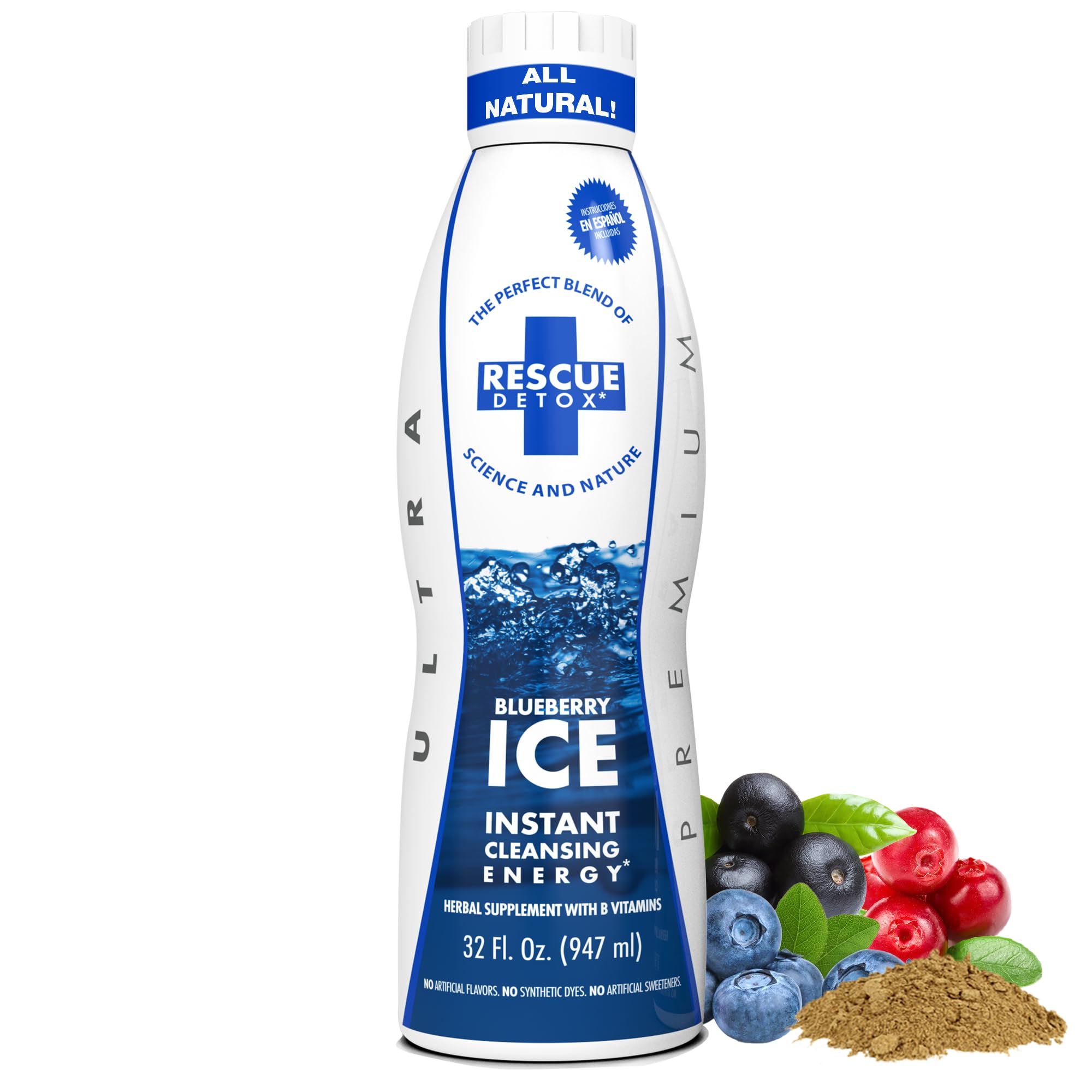 Rescue Detox ICE, bouteille bleue prête à être utilisée dans une routine detox pratique.