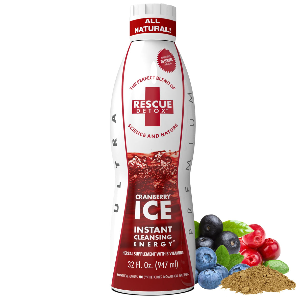 Rescue Detox ICE Canneberge, bouteille 32oz, hydratation pratique et rapide.