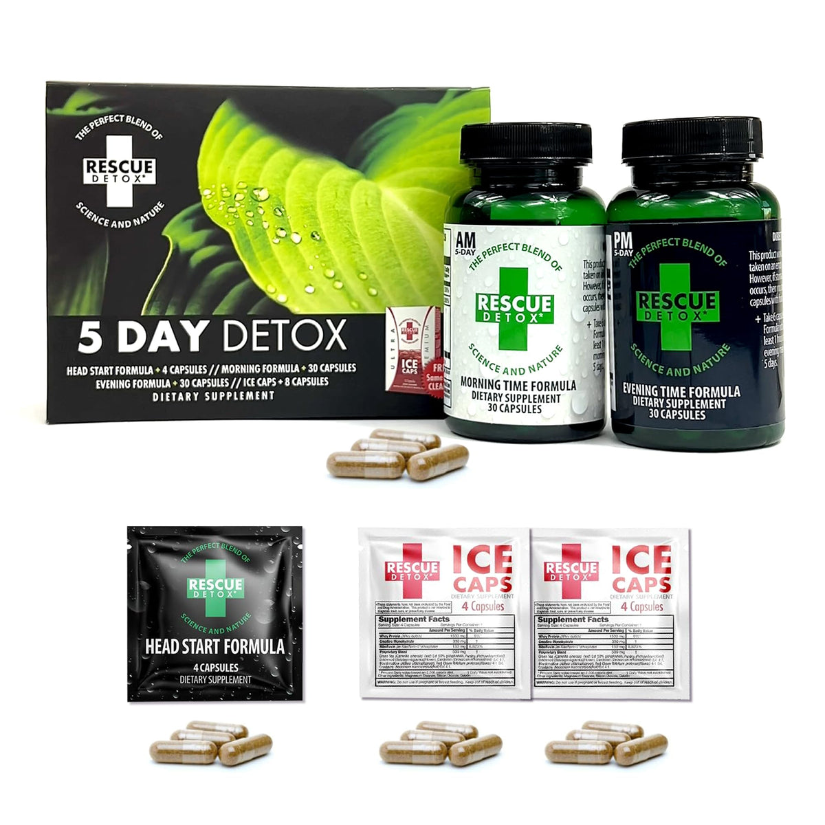 Kit Rescue Detox 5 jours avec bouteille, prêt à l’emploi.