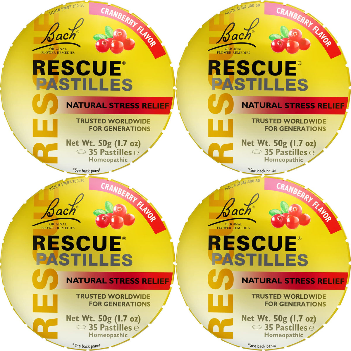 Pastilles RESCUE Bach saveur canneberge: apaisement rapide du stress.