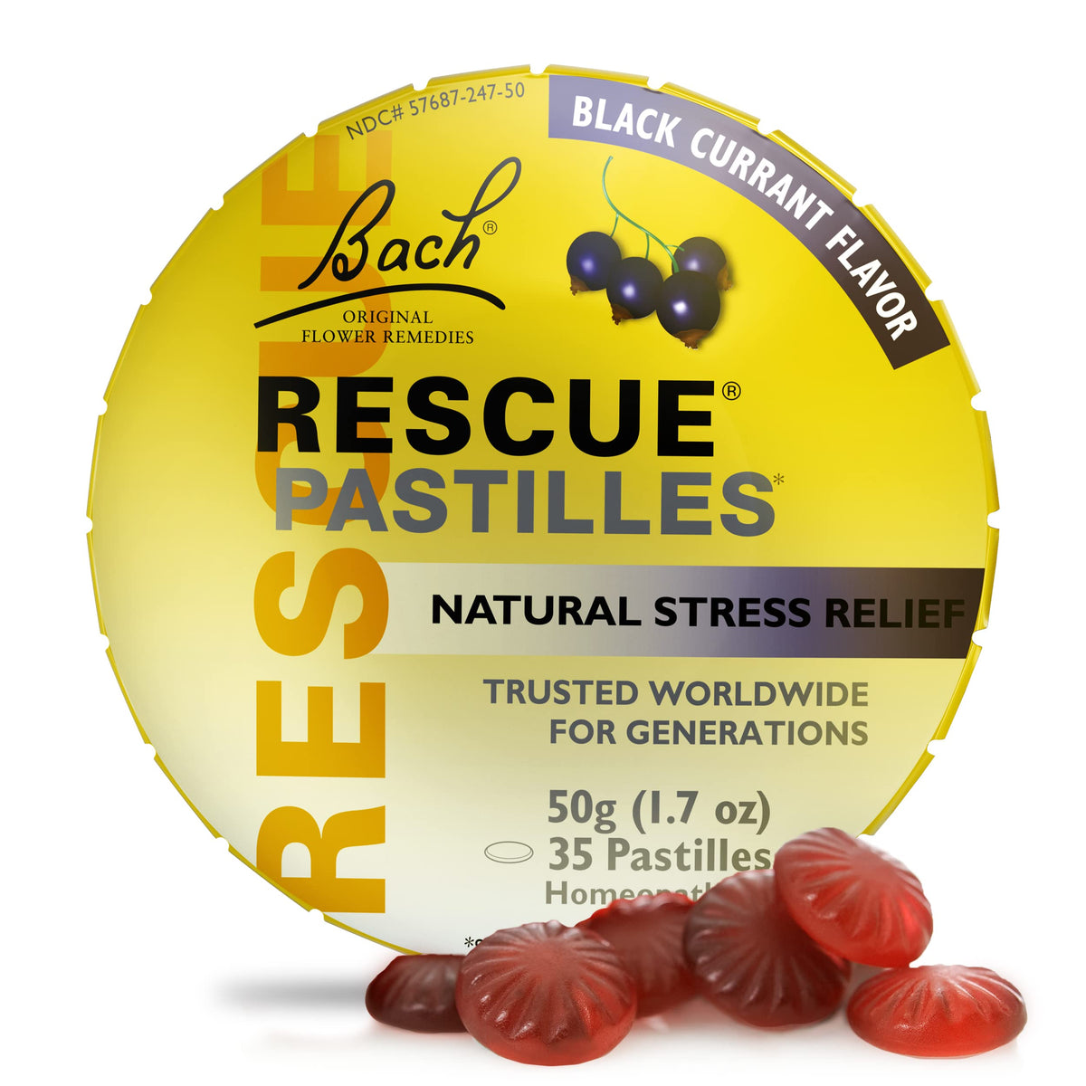 Boîte RESCUE pastilles cassis, prêt à l'emploi lors de moments stressants.