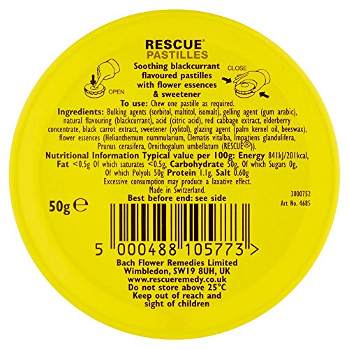 Pastilles RESCUE goût cassis noir pour une sensation apaisante naturelle.