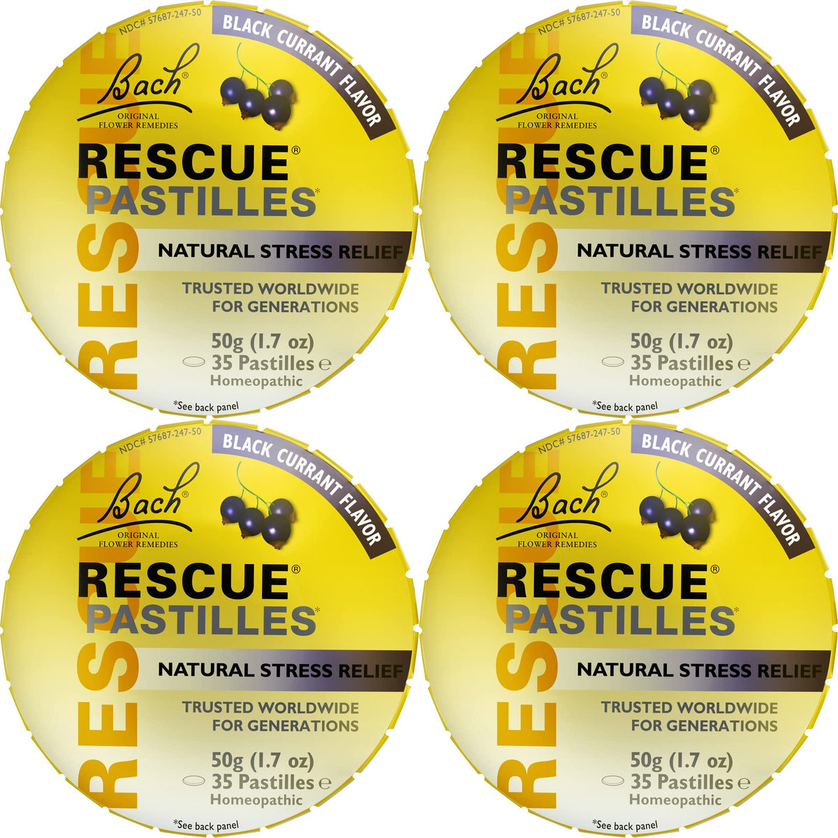Pastilles RESCUE groseille noire dans une boîte compacte, idéales en déplacement.