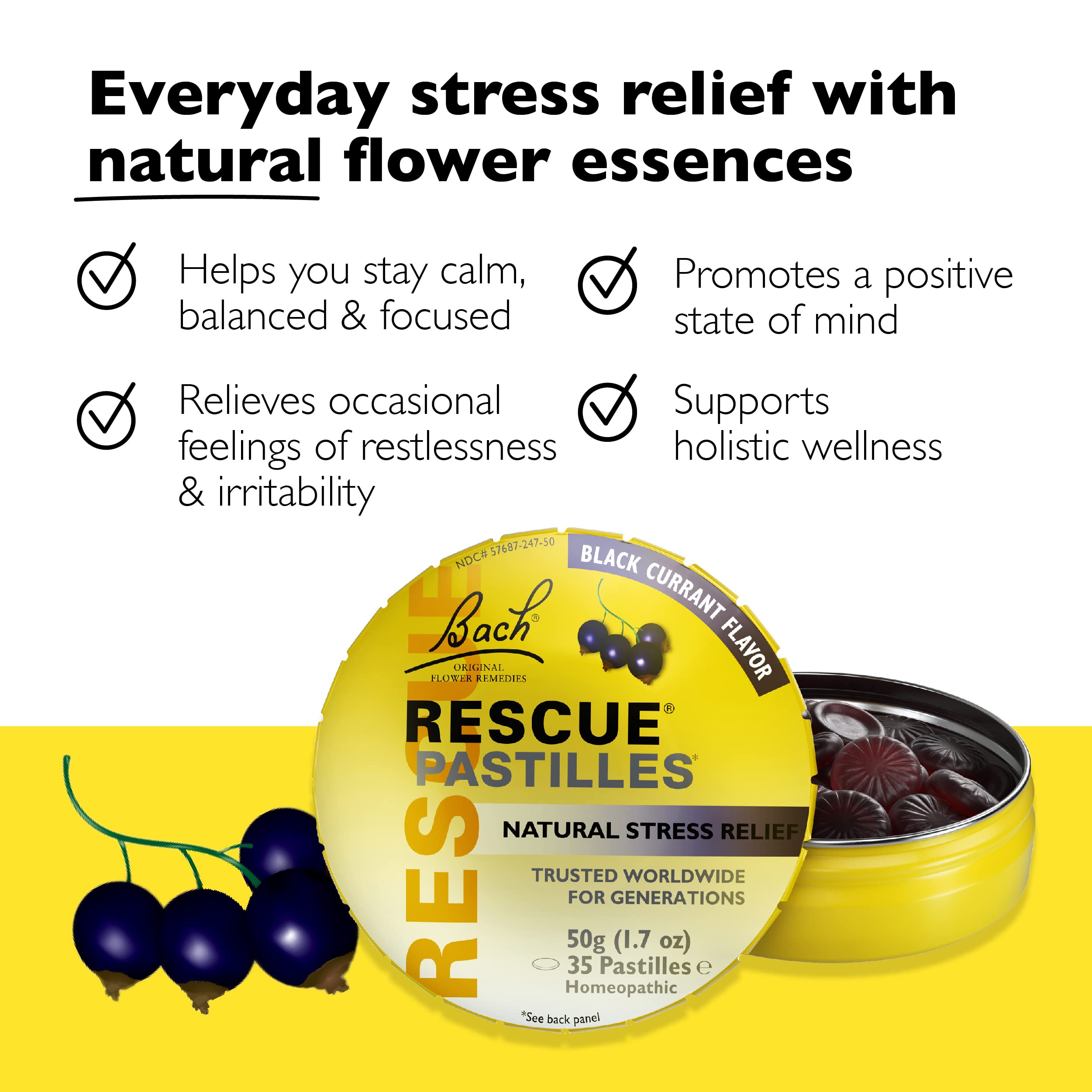 Pastilles RESCUE groseille noire, texture lisse et goût naturel.