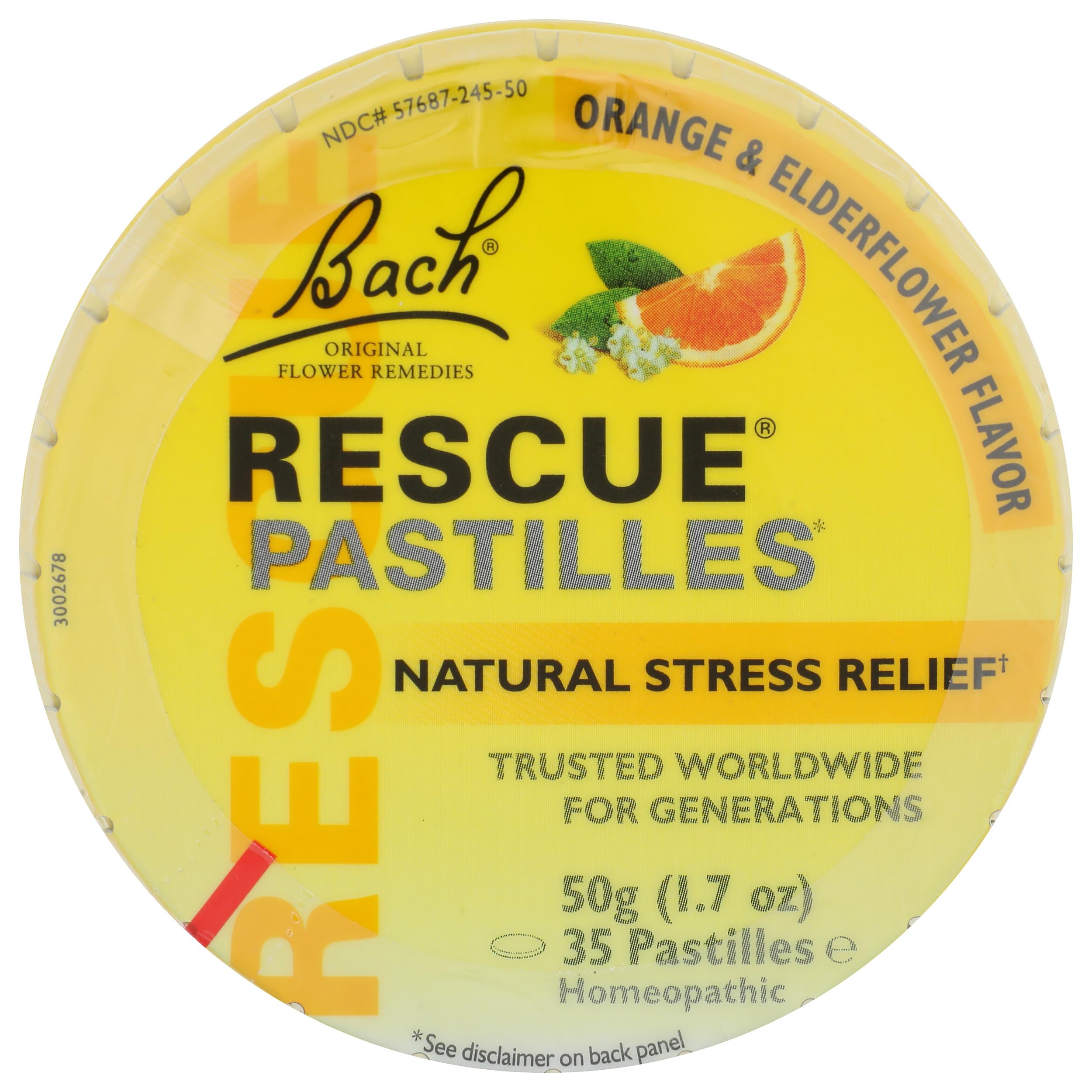 Pastilles RESCUE Orange Fleur de Sureau dans la boîte, pratique en déplacement.