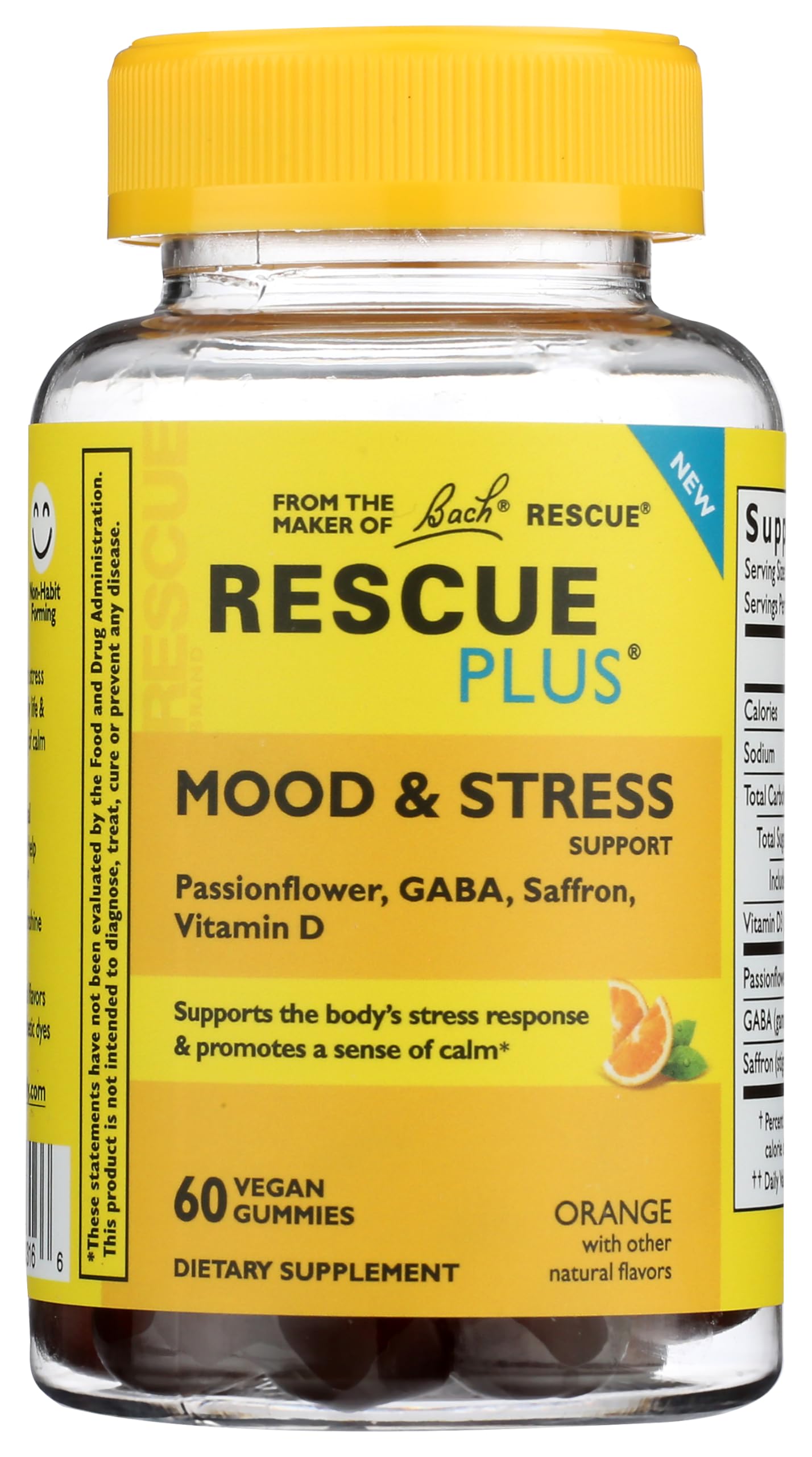 RESCUE PLUS GOMMES: bouteille et étiquette orange, présentation du produit pour un usage quotidien potentiellement apaisant.