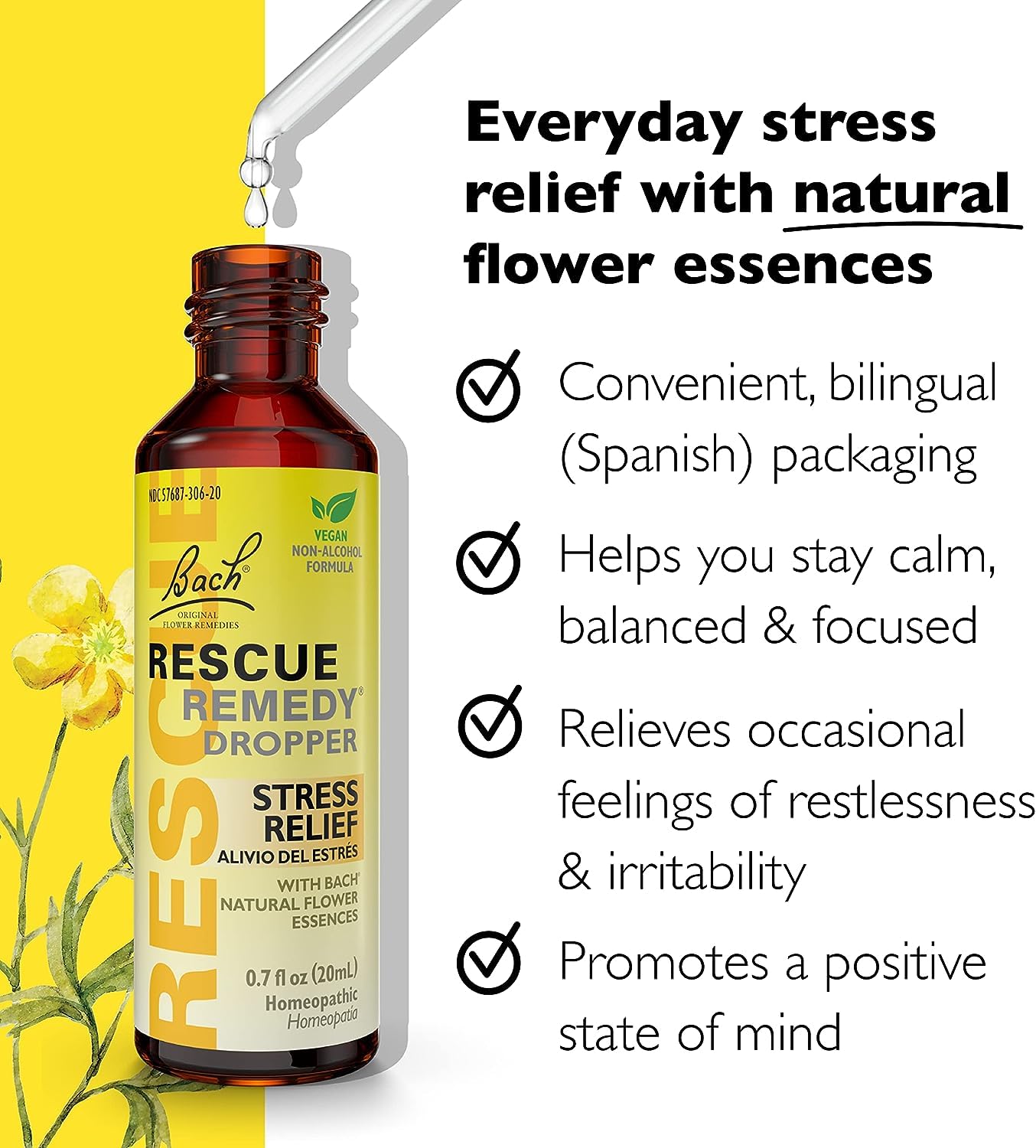 Goutte RESCUE Remède jaune, outil pratique pour gérer des situations stressantes pendant la journée.